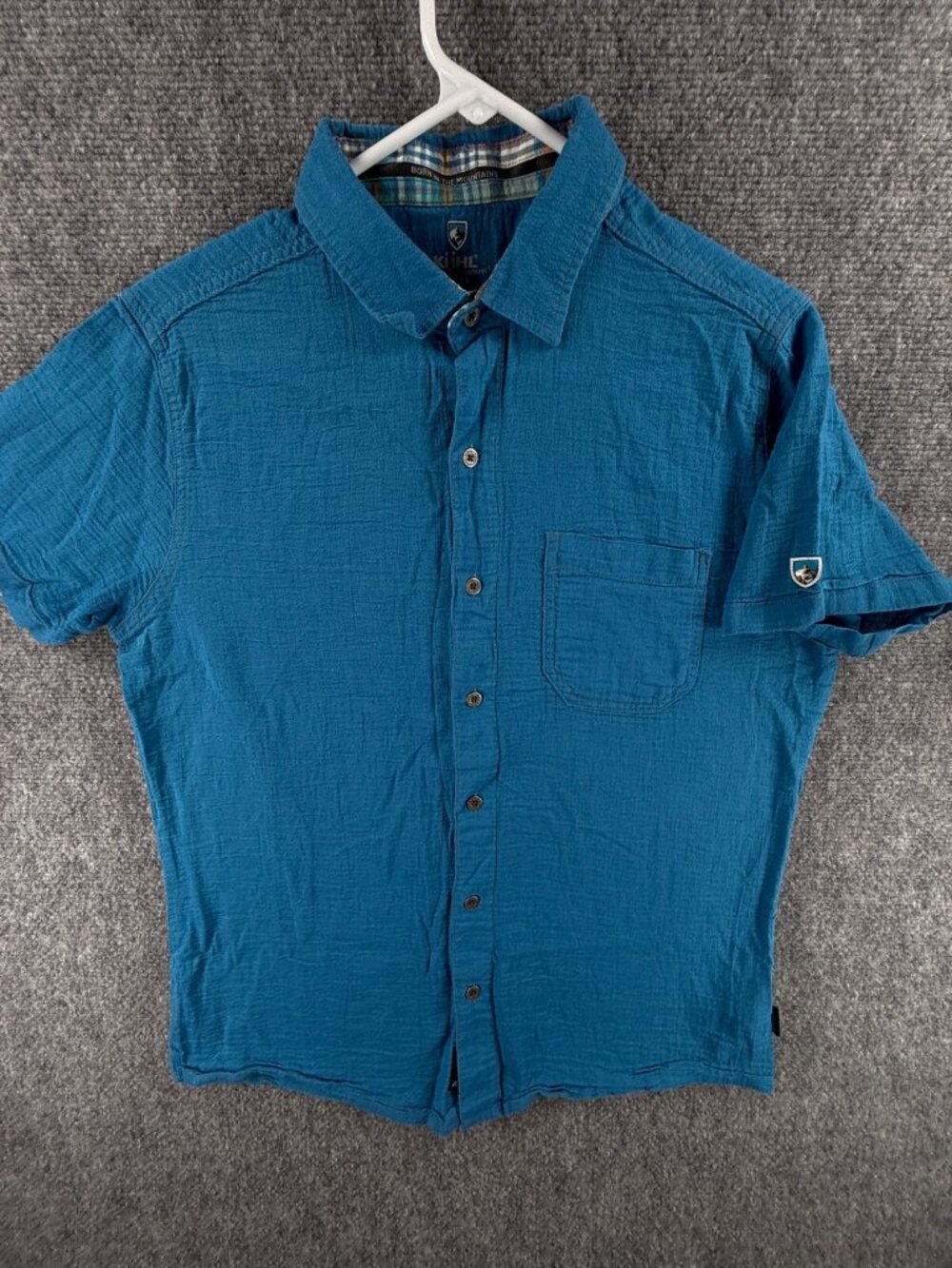 Kuhl Textured Short Sleeve Button Up Shirt Men Blue Organic Cotton Small Hiking